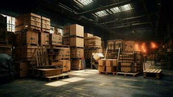 industry warehouse with cardboard containers pallets photo