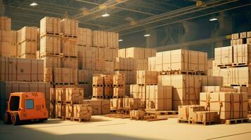 industry warehouse with cardboard containers pallets photo