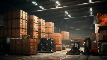 industry warehouse with cardboard containers pallets photo