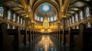 inside historic basilica praying beneath stained glass photo