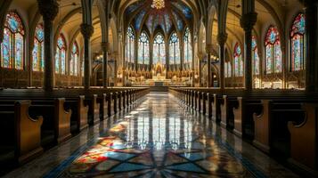 inside historic basilica praying beneath stained glass photo