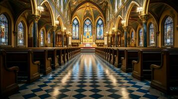 inside historic basilica praying beneath stained glass photo