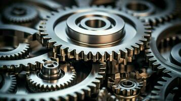 interlocked machinery turning steel gears with teamwork photo