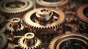 interlocked machinery turning steel gears with teamwork photo