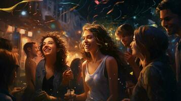 joyful group of young adults enjoying nightlife photo