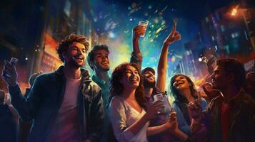 joyful group of young adults enjoying nightlife photo