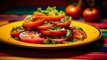 juicy ripe tomato slice on vibrant multi colored salad photo