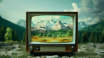 paisaje con montañas en televisión aparato foto