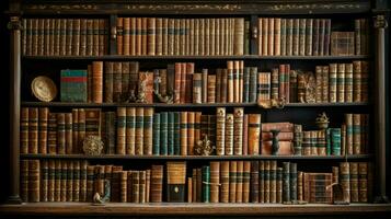large collection of old books on wooden shelves photo