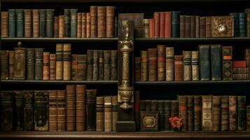 large collection of old books on wooden shelves photo