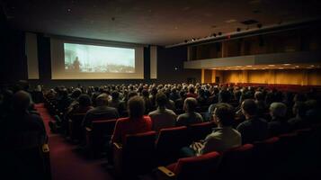 large group of people sitting in auditorium watching photo