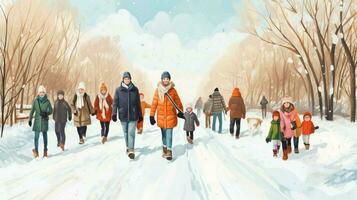 large group outdoors smiling walking in winter photo