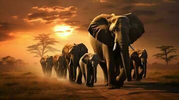 large herd of african elephants walking at dusk photo