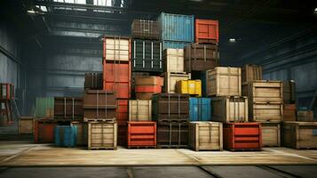 large warehouse stack crates boxes and containers photo