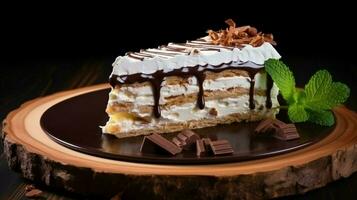 layered sweet pie with chocolate and whipped cream photo