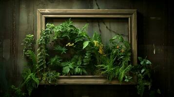 leafy plant in a rustic wooden frame freshness abounds photo