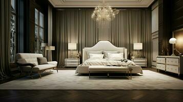 luxury bedroom with elegant modern decor illuminated photo