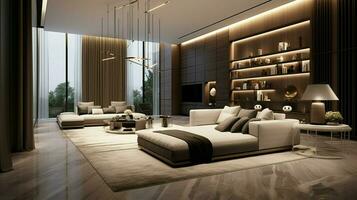 luxury bedroom with elegant modern decor illuminated photo