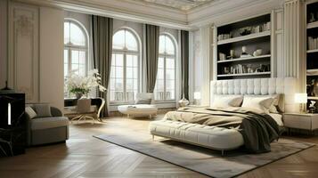 luxury bedroom with modern design and elegance photo