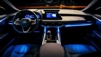 luxury car dashboard illuminated with blue lighting photo