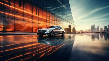 luxury car speeds by modern building at dusk photo