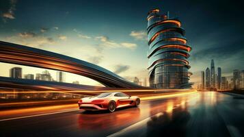 luxury car speeds by modern building at dusk photo