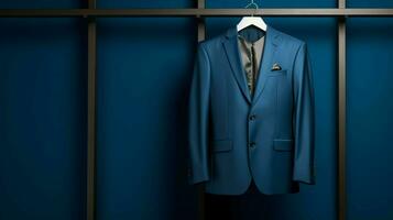 luxury blue suit jacket on coathanger background photo
