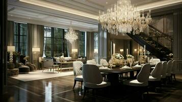 luxury dining room with elegant chandelier lighting photo