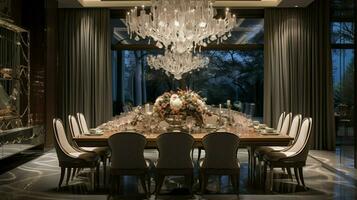 luxury dining room with elegant chandelier lighting photo