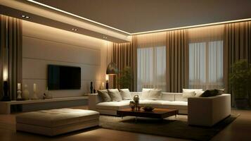 luxury modern living room illuminated by lighting equipment photo