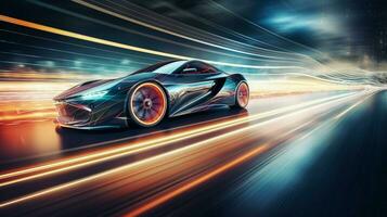 luxury sports car driving on illuminated race track photo