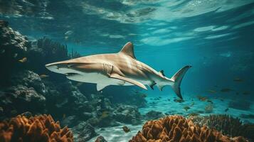 majestuoso punta negra arrecife tiburón nadando en profundo agua foto
