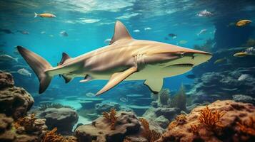 majestic blacktip reef shark swimming in deep water photo