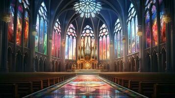 majestic cathedral with stained glass windows and altar photo