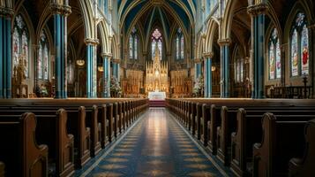majestic cathedral with stained glass windows and altar photo