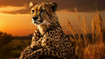 majestuoso leopardo curioso dentro el desierto a puesta de sol foto