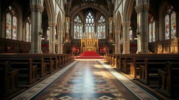 majestic cathedral with stained glass windows and altar photo