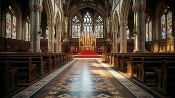 majestuoso catedral con manchado vaso ventanas y altar foto