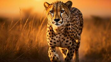 majestuoso leopardo caminando en africano sabana puesta de sol foto