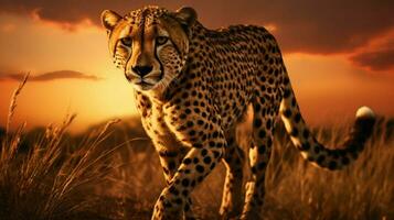 majestuoso leopardo caminando en africano sabana puesta de sol foto