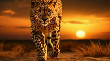 majestuoso leopardo caminando en africano sabana puesta de sol foto