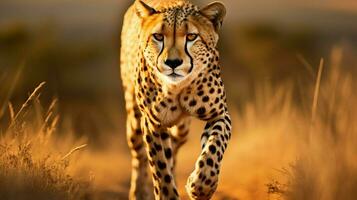 majestic cheetah walking in african wilderness at dusk photo