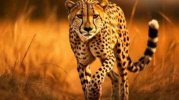 majestic cheetah walking in the savannah alertness in its photo