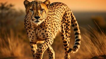 majestic cheetah walking in the wilderness staring photo