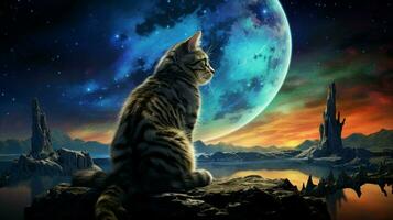 majestic feline gazes at glowing alien planet photo