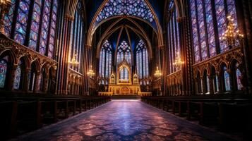 majestic gothic chapel with illuminated stained glass win photo