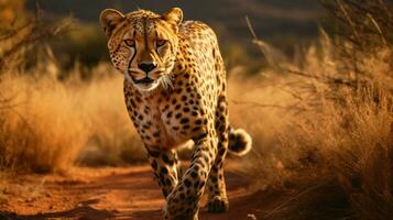 majestic feline spotted walking in african wilderness photo