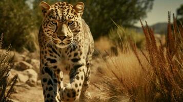 majestic feline spotted walking in african wilderness photo