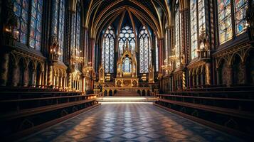 majestic gothic chapel with illuminated stained glass win photo