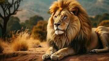 majestic lion resting in the african wilderness looking photo